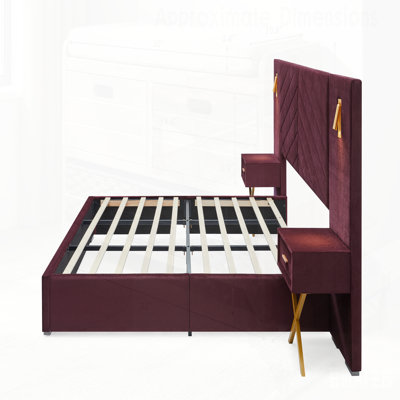 Luxueuse base de lit en velours avec tête de lit à oreilles capitonnée verticale, plateforme rembourrée et lattes de bois robustes pour un assemblage facile