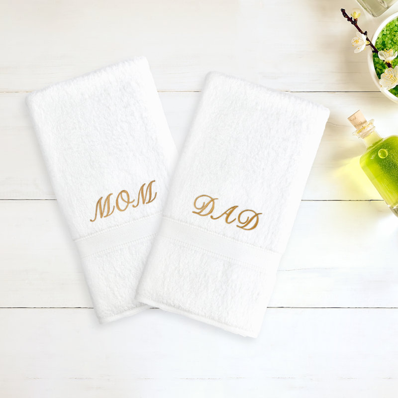 Mom & Dad 2 Piece 100% Cotton Hand Towel Set, White/Gold