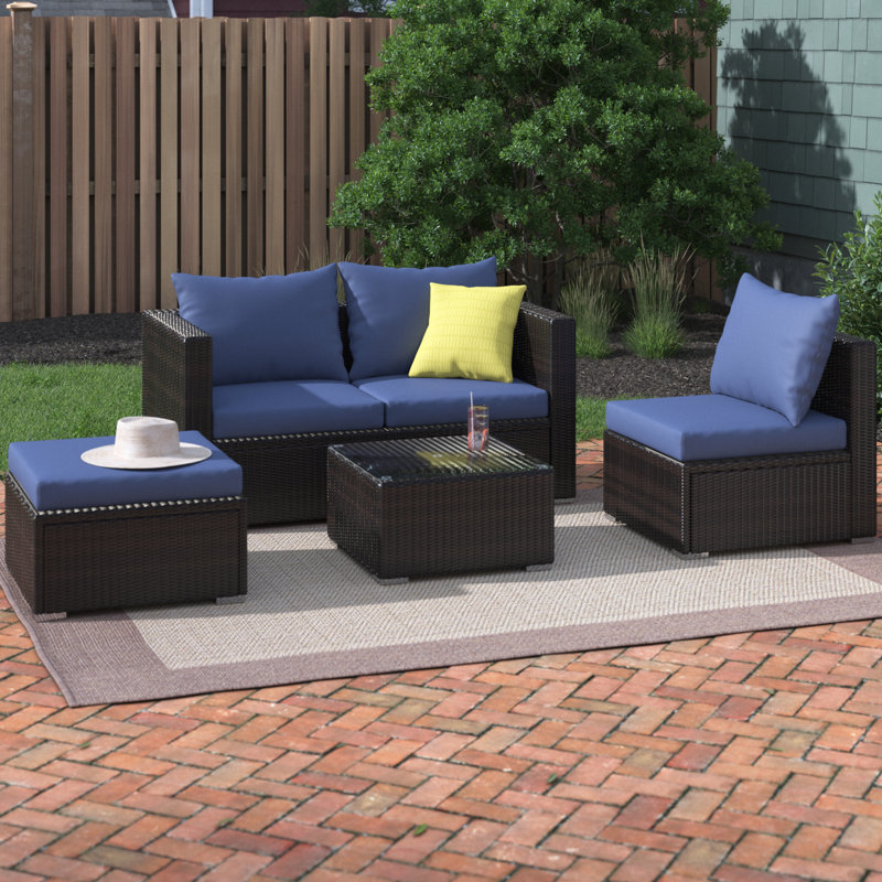 Ensemble de conversation pour patio en rotin 5 pièces avec repose-pieds et table basse, Bleu