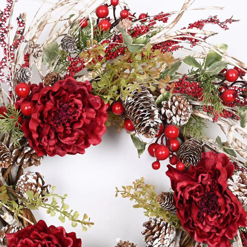 26" Artificial Winter Pinecone Berry Birch Christmas Day Peony Floral Wreath