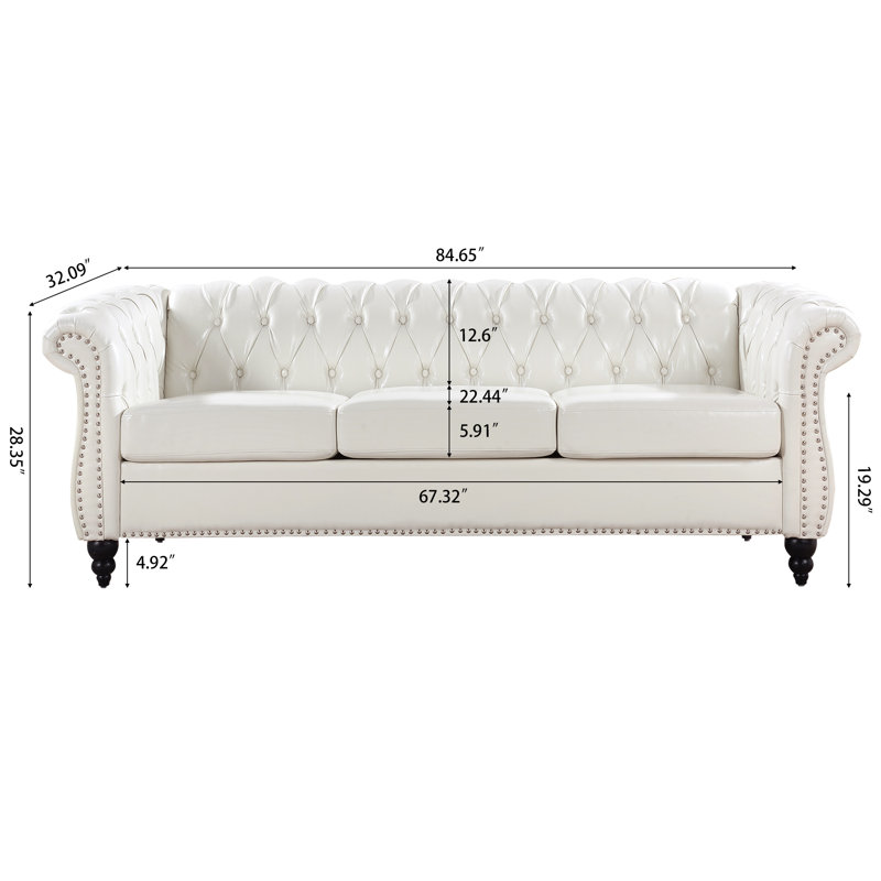 Canapé Chesterfield en similicuir avec accoudoirs roulés et capitonnage à boutons, 3 Seater, Beige
