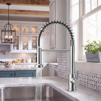 Kitchen Faucet with Pull Down Sprayer, Stainless Steel Kitchen Faucet, Utility Single Handle Spring Sink Faucets 1 or 3 Hole, Kitchen Faucets for Farmhouse Camper Laundry Rv Bar