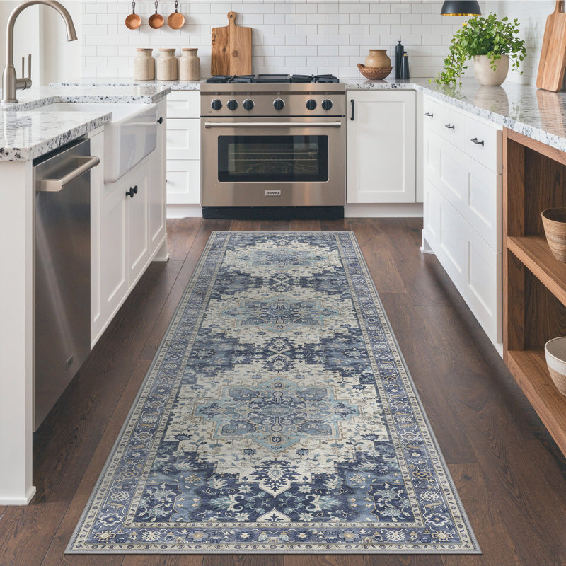 Roehit Oriental Performance Machine Washable Area Rug, Runner 2' x 10', Navy/Ivory