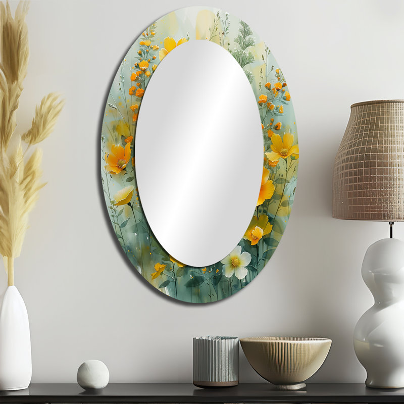 Yellow Wildflowers Spring Awakening I - Floral Oval Decorative Mirror On Metal, 36" x 24"