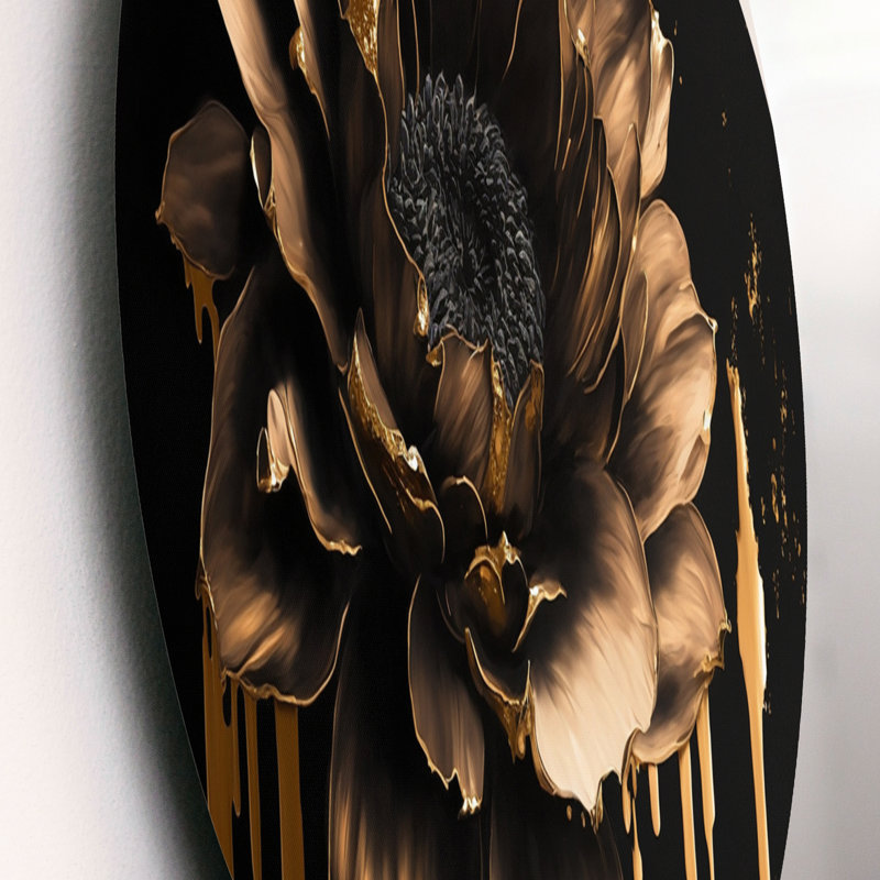 Noir et doré Dahlia - Dahlia, art mural rond sur métal, L 16 po x H 16 po