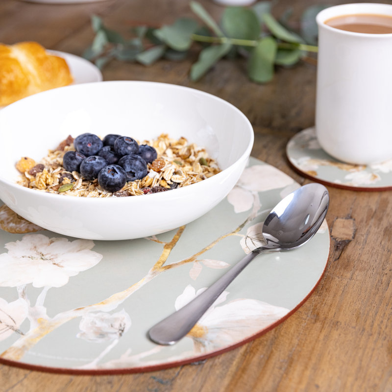 Duck Egg Floral Lacquered With Cork Backing Floral Round Placemat
