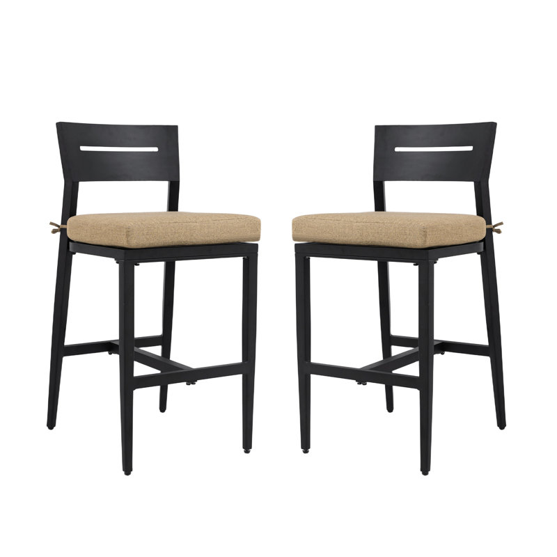 Tabourets de bar modernes en aluminium (lot de 2), pieds fuselés, repose-pieds, ergonomiques, noir lustré, coussin inclus, pour extérieur, terrasse et jardin.