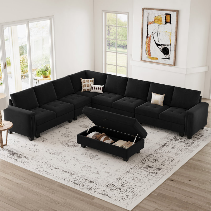 Shavera 7 - Piece Velvet Upholstered Sectional Sofa Large L shaped Livingroom Couch with Storage Ottoman, Black Velvet
