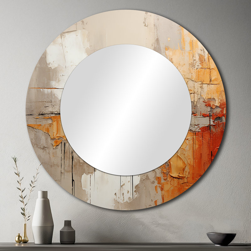 Radmen Orange Impressions I - grand miroir à collages abstraits, miroir mural rond rond jaune, reproduction d'art en métal