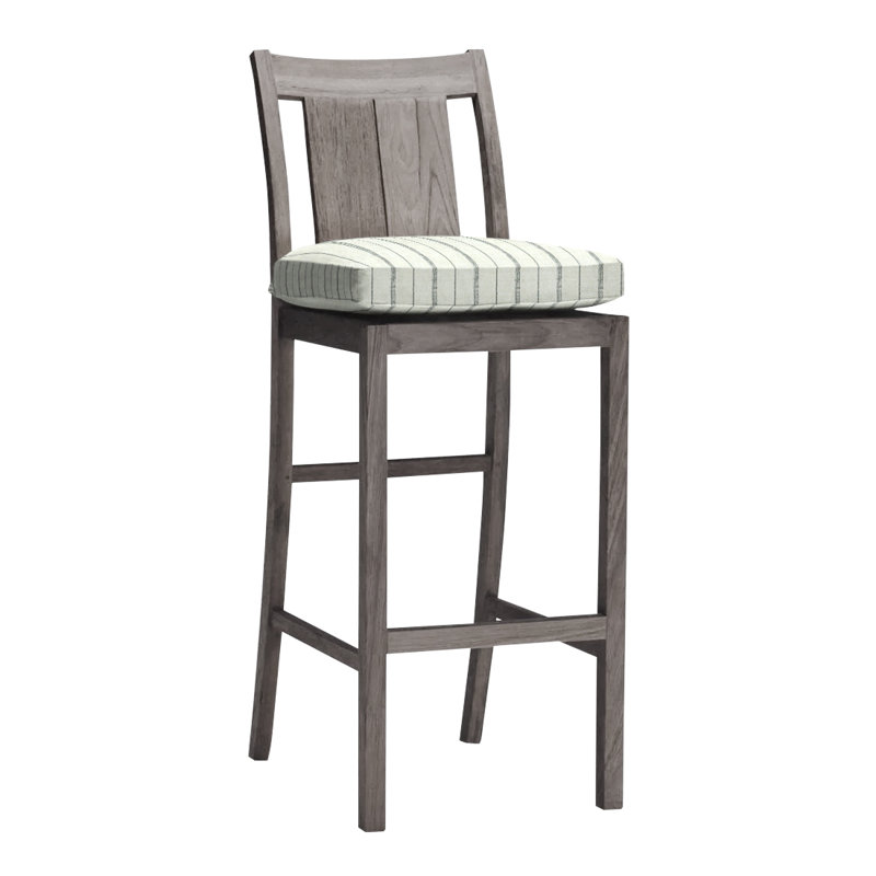 Croquet 24.5" Patio Bar Stool with Cushion, Rollo Chambray InsideOut® Linen, Welt, Oyster Teak