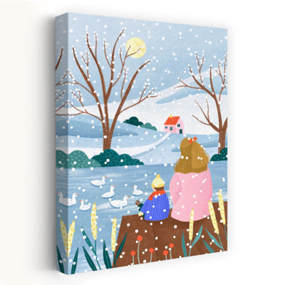 Mother And Child At Winter Lake Abstract Contemporary Duck Winter Landscape Wall Art by Bea Muller - Wrapped Canvas Print