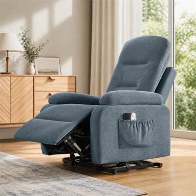 Blue senior lift recliner featuring eight‑point lumbar massage stand‑up assistance USB connector cup holders and side storage bag