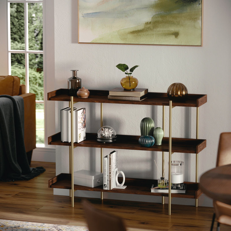 Walnut Wood Grain 3-Shelf Bookcase with Polished Brass Frame