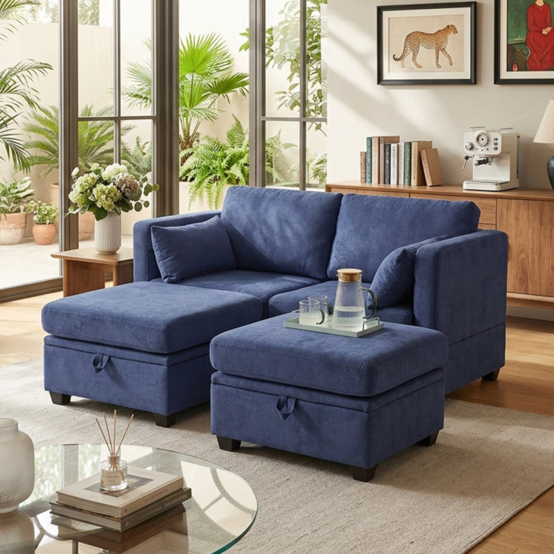 Modular 2-seater Loveseat Sofa With Storage Seats & Ottomans, Navy Blue