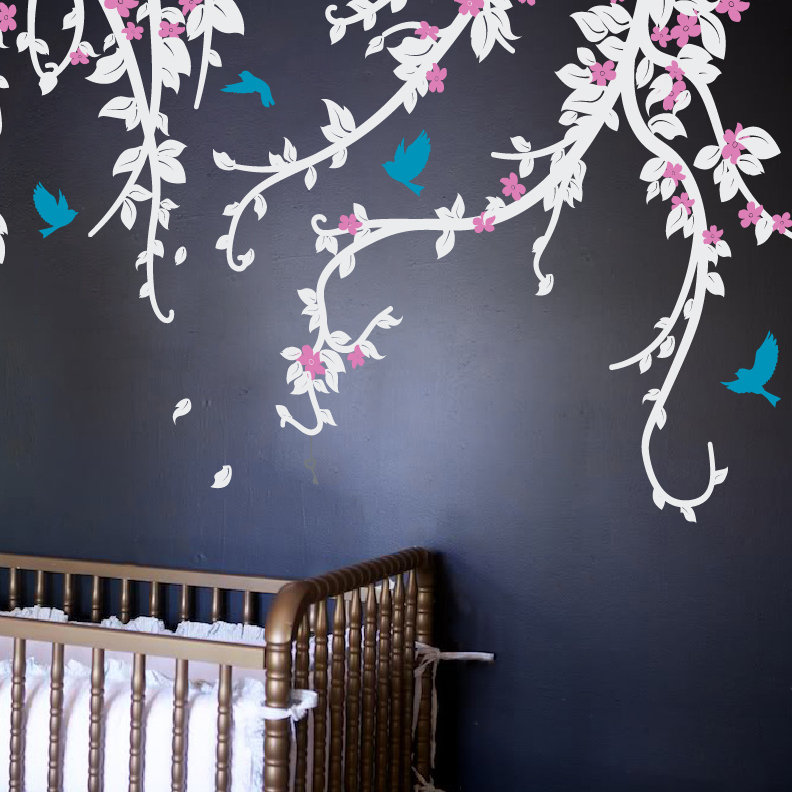 Décalcomanie murale vignes et cage, 34" H x 80" lx 0.01" D, Blanc / rose / bleu