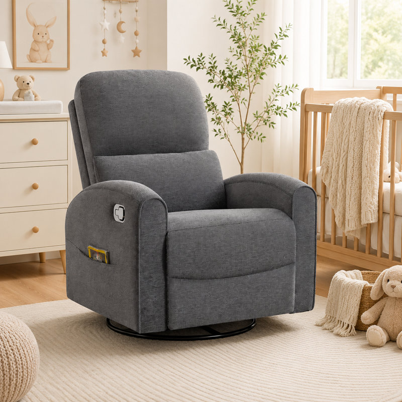 32" W Modern Upholstered Swivel Rocker Glider Nursery Recliner with Adjustable Headrest, Lumbar Support, Gray Chenille