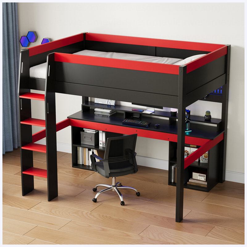 Lit mezzanine double Loft, Noir et rouge