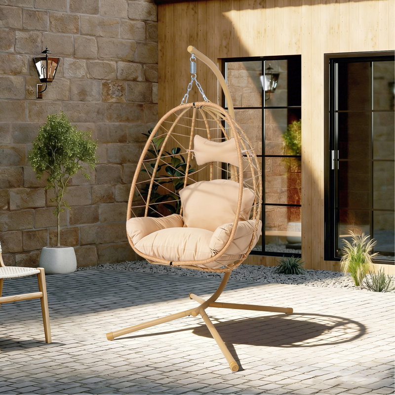 Fauteuil suspendu suspendu en osier avec support et coussin lavable pour patio, Pink, Natural