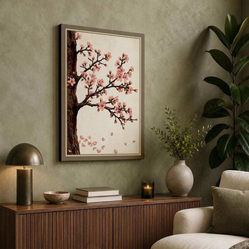 Cherry Blossom Branch Japandi - Wrapped Canvas, 36x24 - 91.4 x 61.0 cm, Teal Border