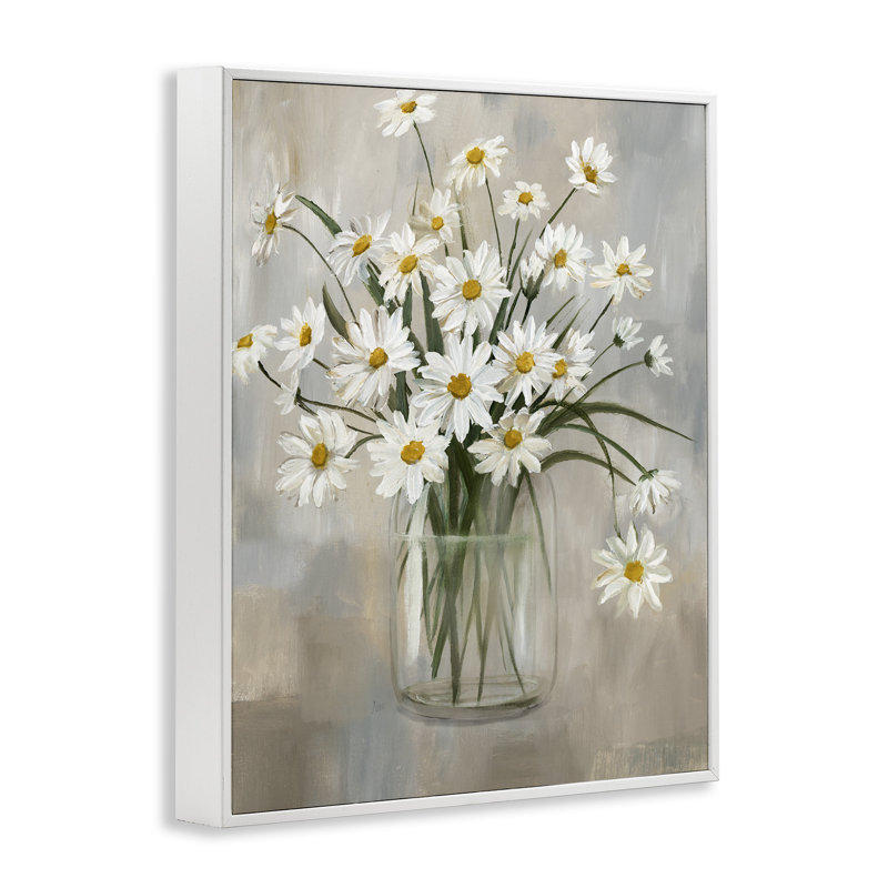Daisy Bloom Bouquet Potted Flowers Abstract Pattern by Nan - Painting, White Framed, 24" H x 30" W