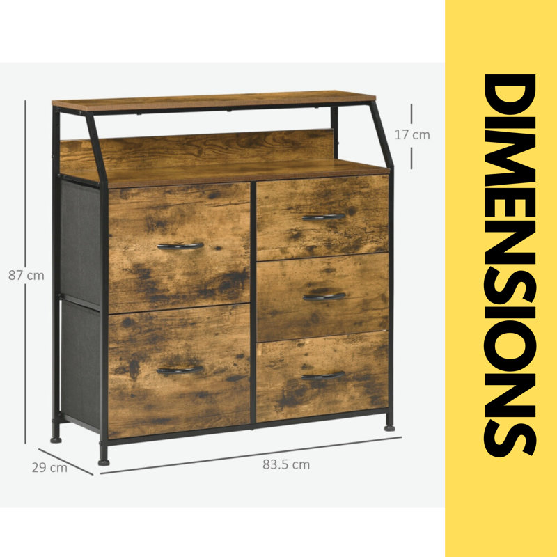 Pettie 5 - Drawer Chest of Drawers Industrial Rustic Brown Dresser Bedroom Furniture