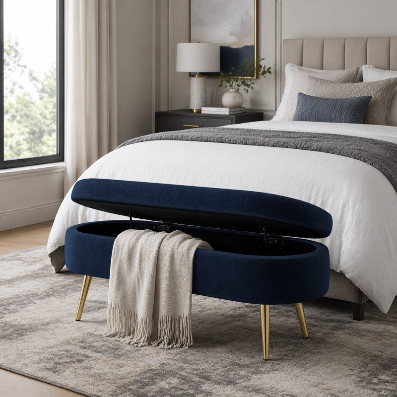 Banc de rangement repose-pieds ovale en flanelle avec pieds en métal robustes pour un décor moderne et élégant, Dark Blue
