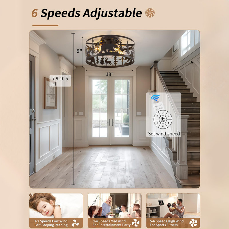 Caged Ceiling Fans with Lights and Remote Control,Rustic Black Chandelier Fan with Bear Deer Design,Flush Mount Low Profile Fandelier for Bedroom,Dining Living Room,Foyer