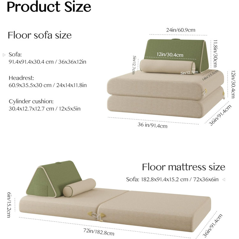 Ebern Designs Convertible Folding Sofa Bed Foldable Floor Sofa Bed With Back Support Pillow