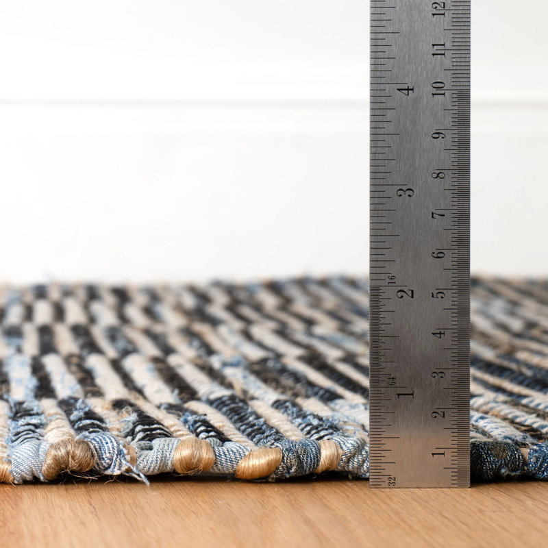 Denim Rag Gridwork Blue Handwoven Cotton Rug, Rectangle 9'6" x 13'6"