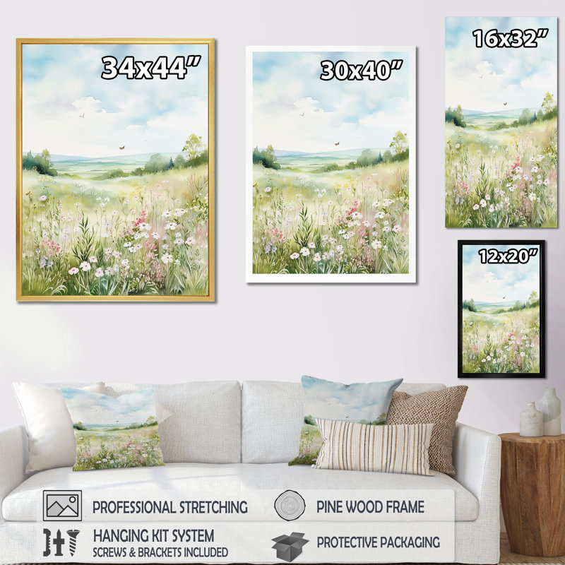 «Meadow Scenery Minimalisme Serenity I», reproduction, H 32 po x l 16 po x P 1 po, Cadre simple blanc