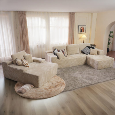 Canapé modulaire en velours côtelé avec causeuse et méridienne 3 pièces sans assemblage Seren