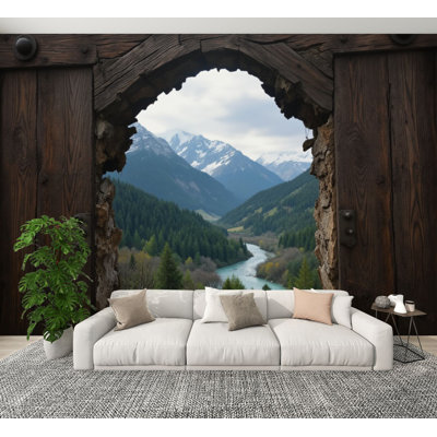 Peel and Stick Wallpaper Mountain River Valley Viewed Rustic Wooden Window Frame Wall Murals 100"H x 144"W Removable PVC Wall Paper Self-Adhesive Wall Decor for Bedroom Living Room Home Office