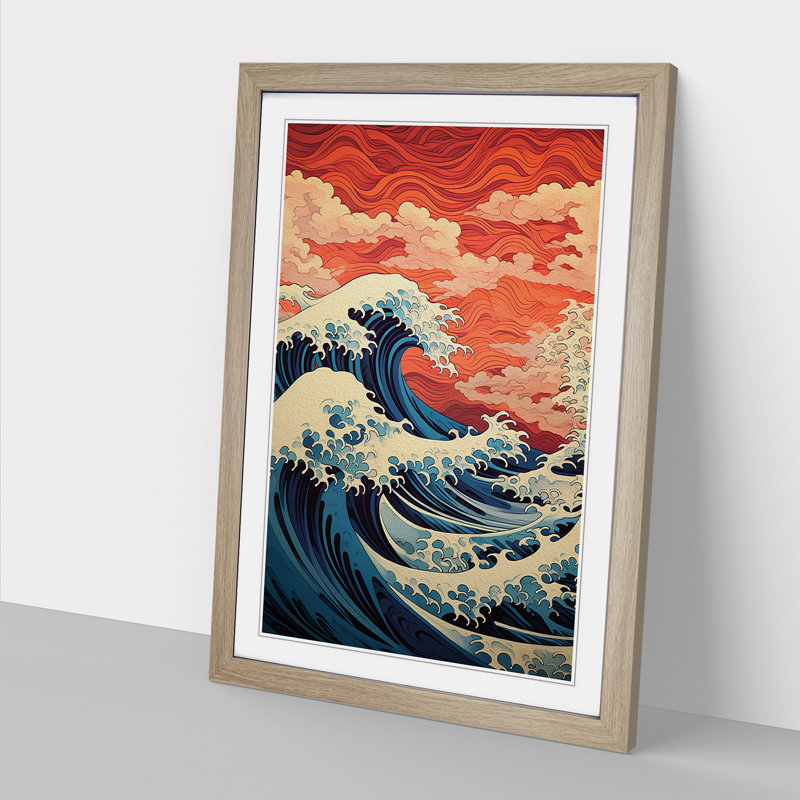 Wave Japanese Geometric Art - Framed Print, 64cm H x 46cm W, Oak Framed