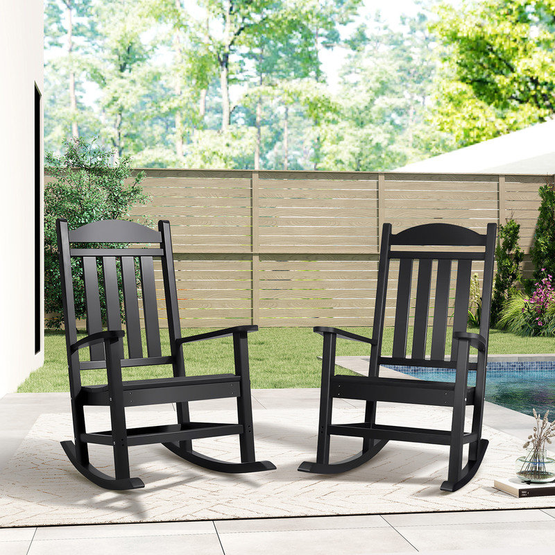 Black HDPE Outdoor Rocking Chair with High Ergonomic Backrest, Weather Resistant Patio Porch Rocker with Contoured Seat and Wide Armrests for Garden Backyard Use