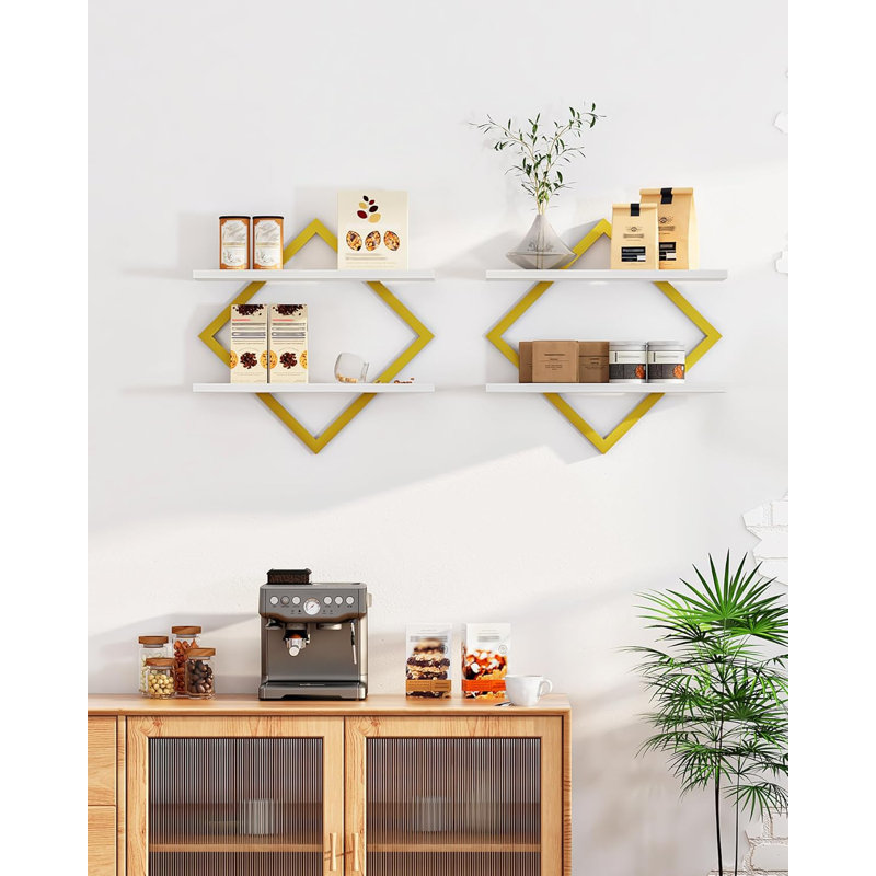 Floating Shelves Set Of 2, Wall Mounted Shelves With Diamond Design, 2-Tier Hanging Shelves For Living Room, Bedroom, Kitchen, Office, Study, Sturdy And Space-Saving Storage Solution