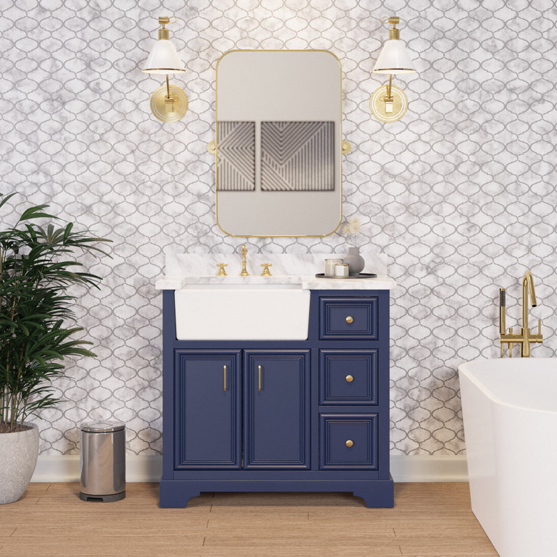Emiliano 36'' Single Bathroom Vanity with Top, Carrara Marble, Royal Blue