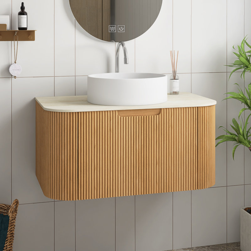 Meuble-lavabo de salle de bain, meuble-lavabo rayé à bord arrondi avec tiroir, lavabo rond en céramique blanche et plateau en pierre frittée à motif de travertin, pré-assemblé,