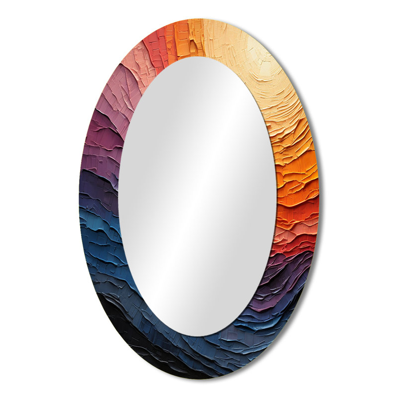 Abstrait lyrique jaune sarcelle Lyrical Sunset I - Grand miroir mural ovale sur métal, 36" x 24"