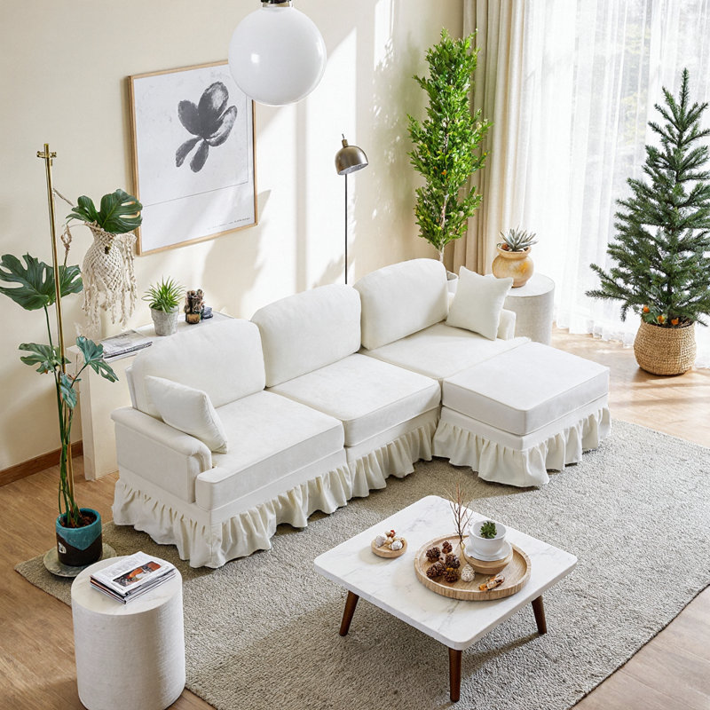 Canapé modulaire moderne en L à 4 places avec jupe amovible, assise profonde et coussins ajustables, White