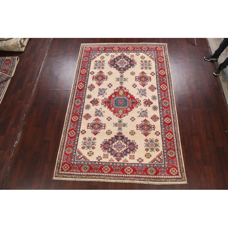 Tapis ivoire / rouge / bleu en laine noué à la main de conception unique 6 pi 6 po x 9 pi 8 po New Age