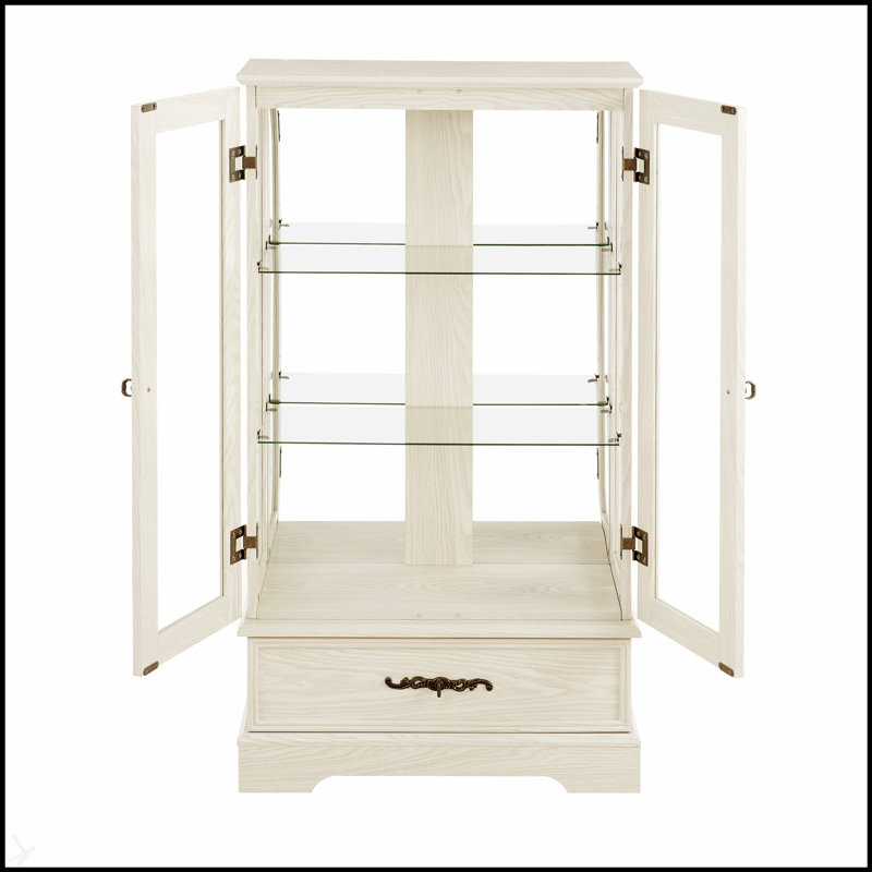 Armoire en verre blanc avec 2 portes, 1 tiroir, tablettes réglables et éclairage interne pour la présentation et le rangement