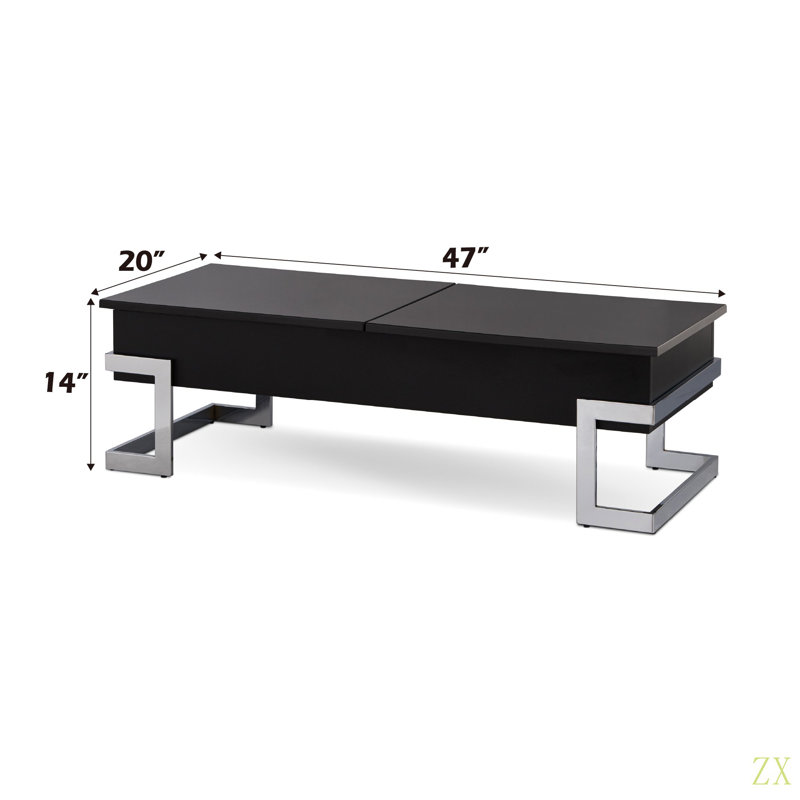 Table basse Calmam ultrabrillante et finition chromée avec plateau relevable