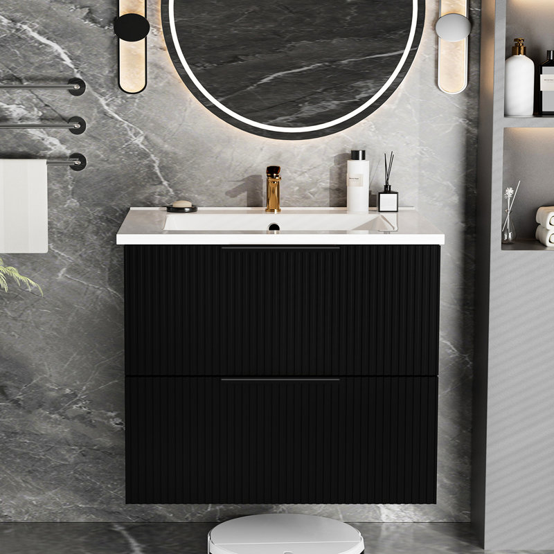 Meuble-lavabo flottant mural 24 po avec évier en céramique et tiroirs 24 po Black, Matte Black, 24.46"