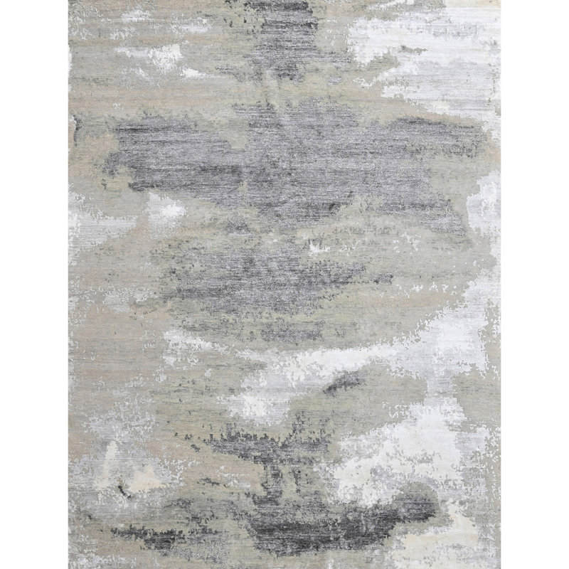 High-Quality Hand-Knotted White And Black Area Rug, Rectangle 9' x 12'