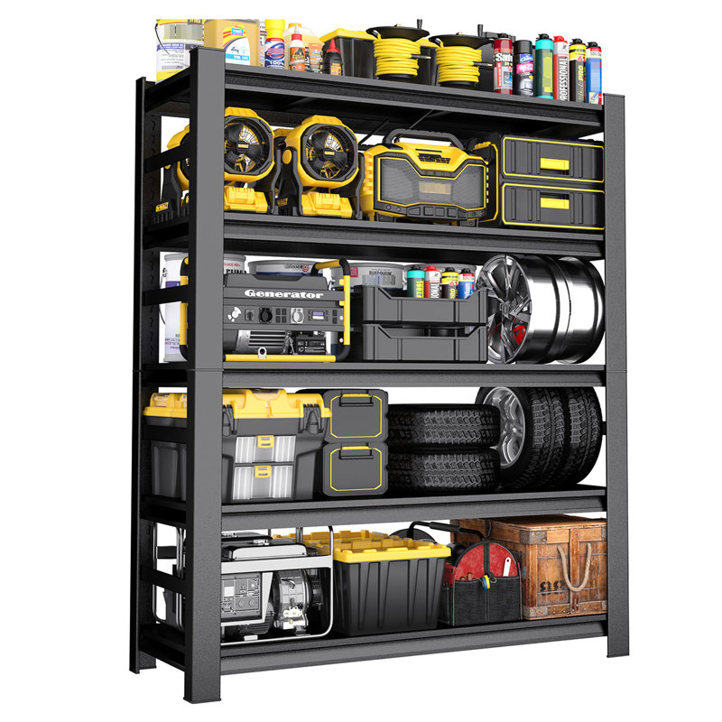 Étagère de rangement en métal noir de 87 po avec garde-corps latéraux H 87 po pour les espaces de vie primaires, garages - cinq couches, facile à nettoyer, cloisons réglables pour les grandes surfaces, sous-sols noirs, capacité de 4 000 livres,