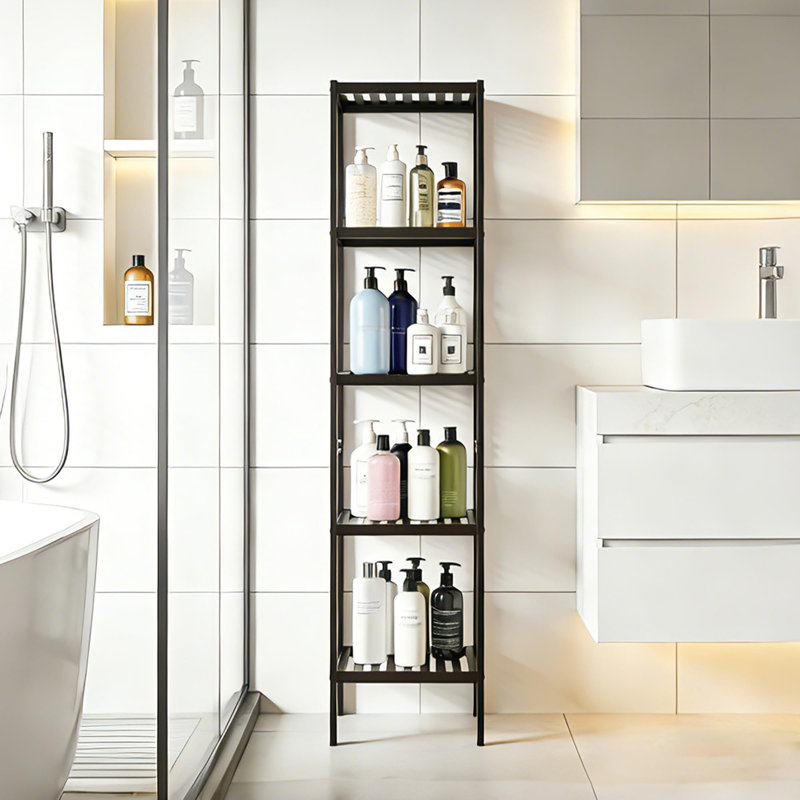 Bamboo Storage Shelf 5-Tier Multifunctional Shelving Unit with Slatted Shelves Standing Towel Rack Corner Rack for Bathroom Entryway Bedroom Kitchen Living Room Balcony