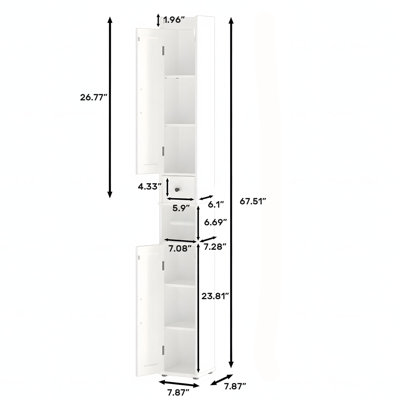Armoire de salle de bain étroite et haute blanche de 171,5 cm (67,51 po), meuble de rangement mural mince et autoportant pour toilettes avec porte réversible, étagères réglables, tiroir et porte-papier hygiénique amovible, armoire anti-basculement en MDF imperméable pour petits espaces, buanderie, cuisine