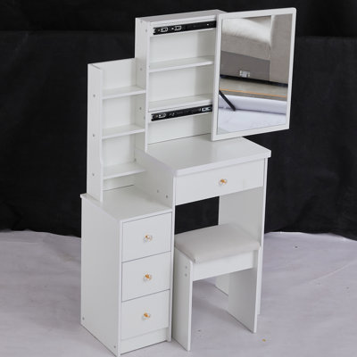 Small Sized Left Vanity Table With Cushioned Stool, Extra Large Mirror, Multi-Layer Storage, High Capacity Dresser For Areas, White Material Space Bedside Cabinet Chair, Sliding Multi-Layered Modern