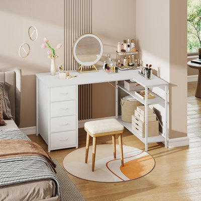  Bureau d'ordinateur en coin en L avec tiroirs et tablettes de rangement, table de bureau réversible blanche de 47,2 po