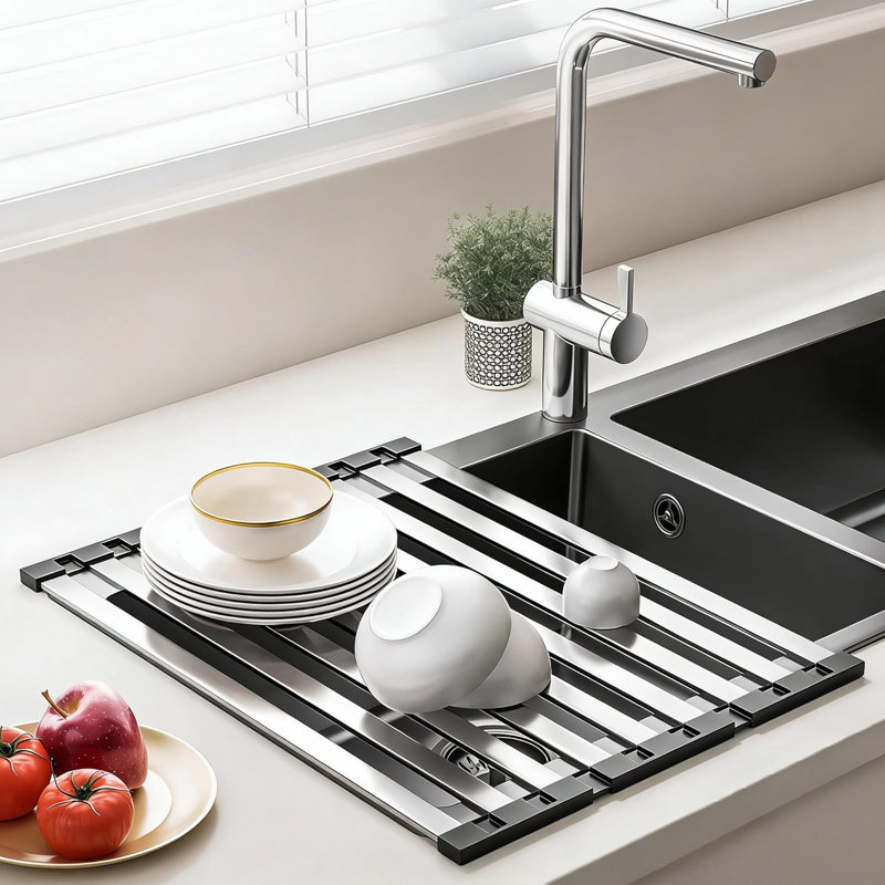 Stainless Steel Foldable Dish Drying Rack, Over the Sink Draining Rack for Kitchen Counter, Roll Up Dish Rack for Sink, Multipurpose Kitchen Organizer for Dishes, Cups, Utensils and Vegetables